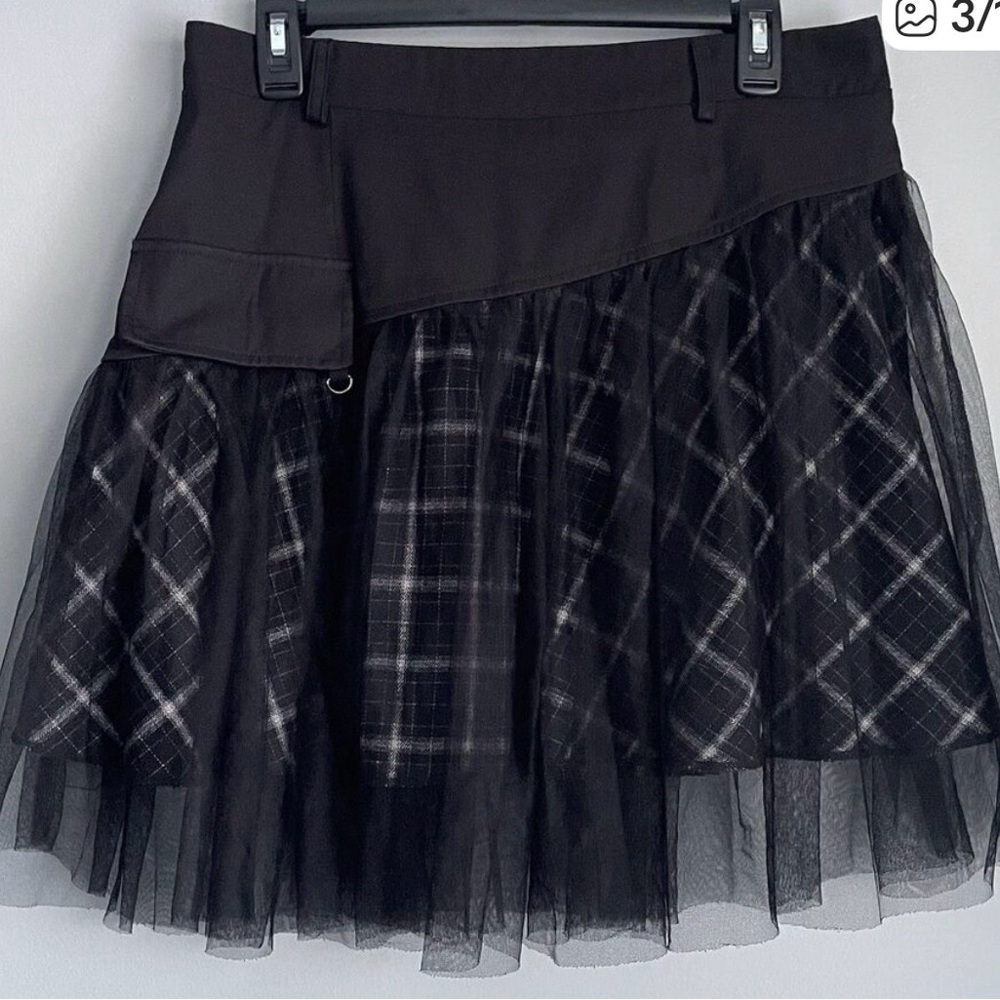 Goth Plaid Skirt Size XL Black w/ Tulle Mesh & Part Elastic Waist Rave Festival - Picture 2 of 7